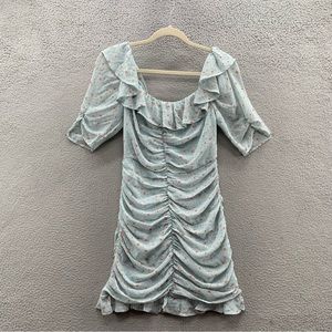 ASTR The Label Dress Short Sleeve Ruffle Neck Ruched Teal Multi Ditsy Women's S